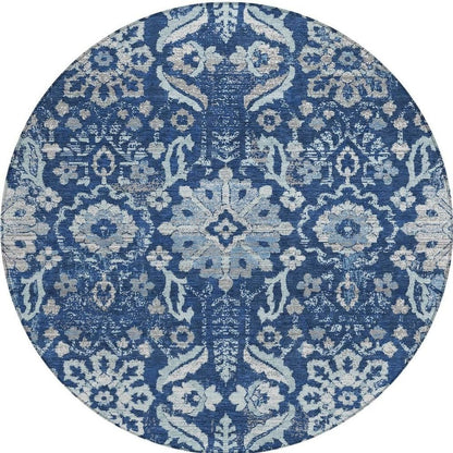 8' Navy Blue And Blue Round Damask Washable Indoor Outdoor Area Rug HomeRoots