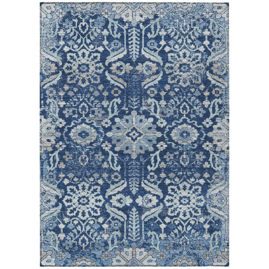 8' X 10' Navy Blue And Blue Damask Washable Indoor Outdoor Area Rug HomeRoots