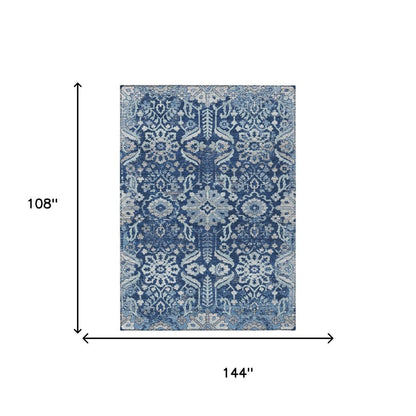 9' X 12' Navy Blue And Blue Damask Washable Indoor Outdoor Area Rug HomeRoots