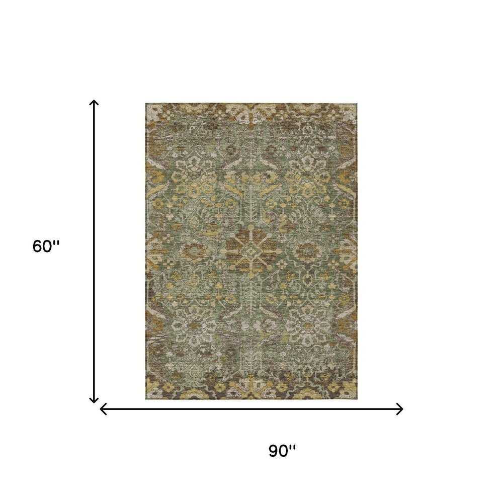 5' X 8' Olive Green And Green Damask Washable Indoor Outdoor Area Rug HomeRoots