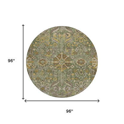 8' Olive Green And Green Round Damask Washable Indoor Outdoor Area Rug HomeRoots
