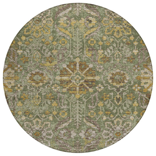 8' Olive Green And Green Round Damask Washable Indoor Outdoor Area Rug HomeRoots