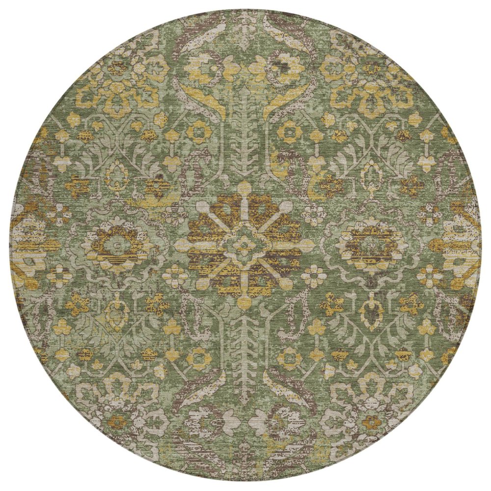 8' Olive Green And Green Round Damask Washable Indoor Outdoor Area Rug HomeRoots
