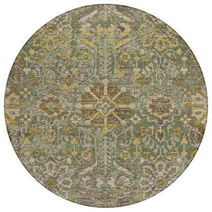 8' Olive Green And Green Round Damask Washable Indoor Outdoor Area Rug HomeRoots