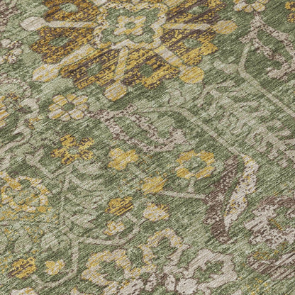 8' Olive Green And Green Round Damask Washable Indoor Outdoor Area Rug HomeRoots