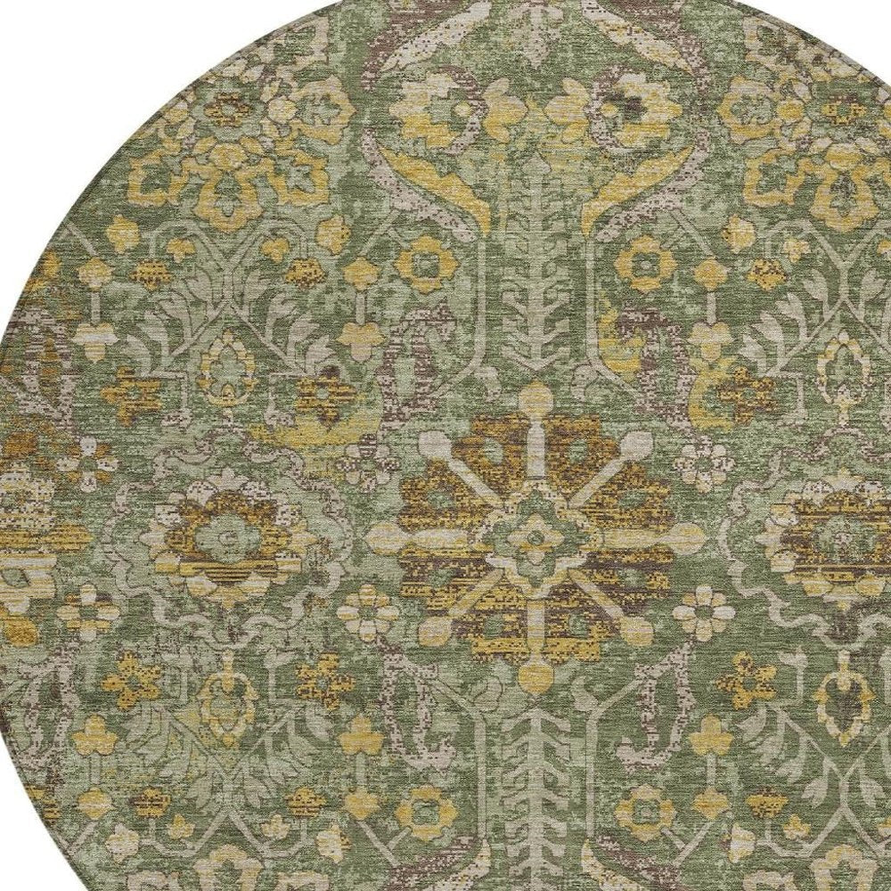 8' Olive Green And Green Round Damask Washable Indoor Outdoor Area Rug HomeRoots