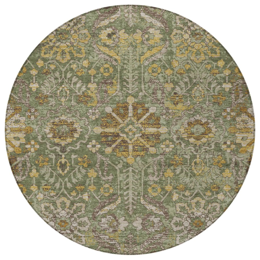 8' Olive Green And Green Round Damask Washable Indoor Outdoor Area Rug HomeRoots