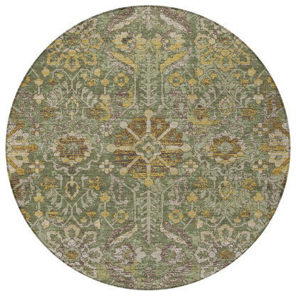 8' Olive Green And Green Round Damask Washable Indoor Outdoor Area Rug HomeRoots