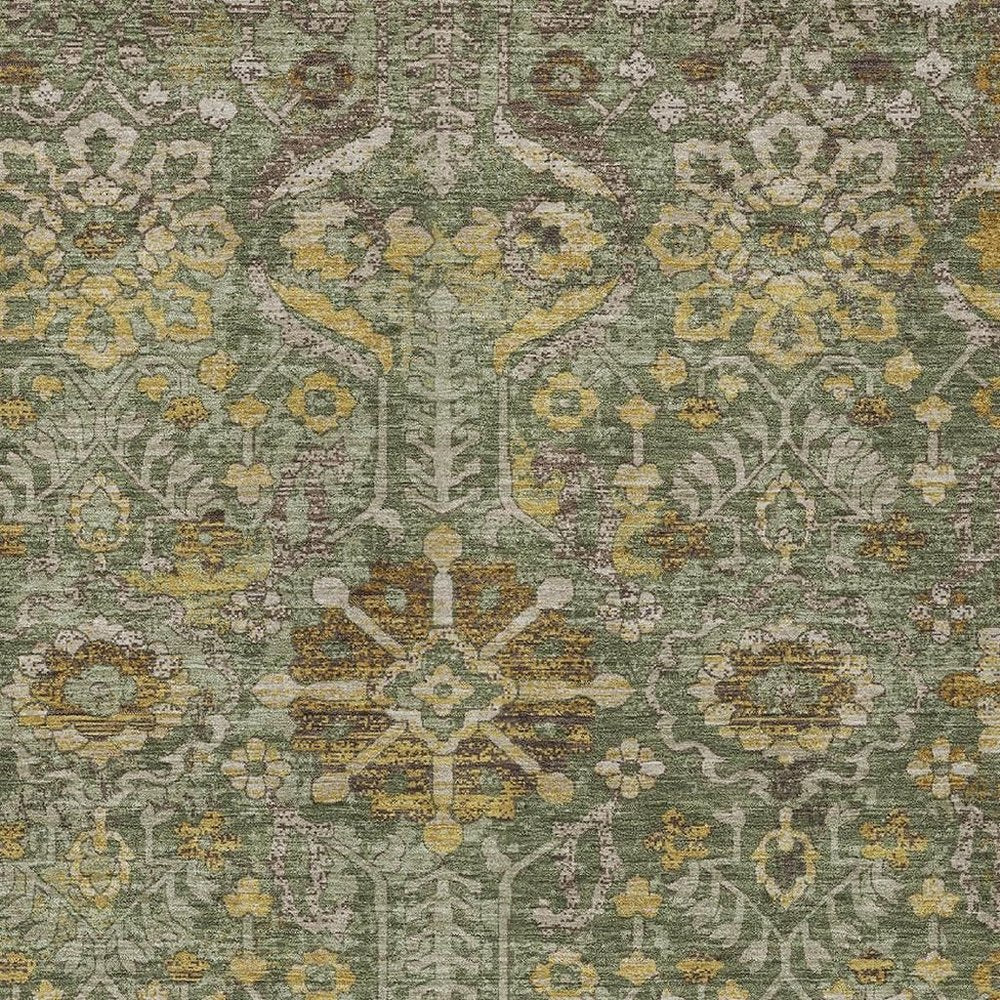 9' X 12' Olive Green And Green Damask Washable Indoor Outdoor Area Rug HomeRoots