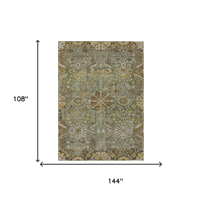 9' X 12' Olive Green And Green Damask Washable Indoor Outdoor Area Rug HomeRoots