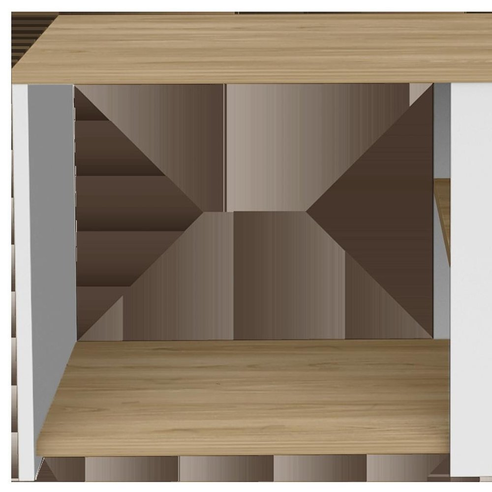 32" Natural and White Wood Floor Shelf Coffee Table With Two Shelves — view 3