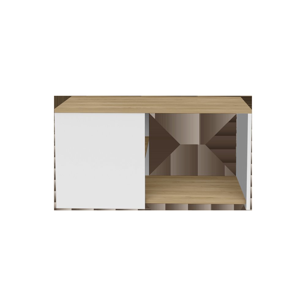 32" Natural and White Wood Floor Shelf Coffee Table With Two Shelves
