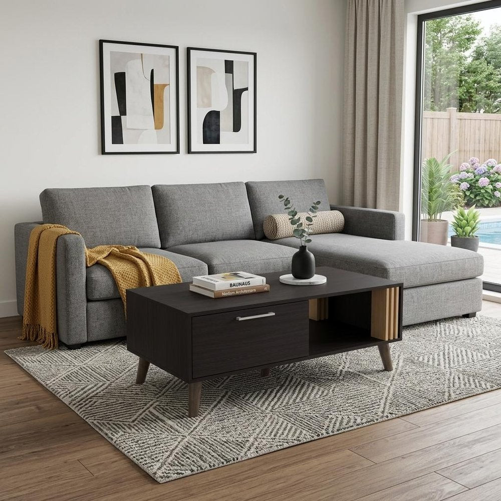 47" Black and Oak Wood Coffee Table — view 5