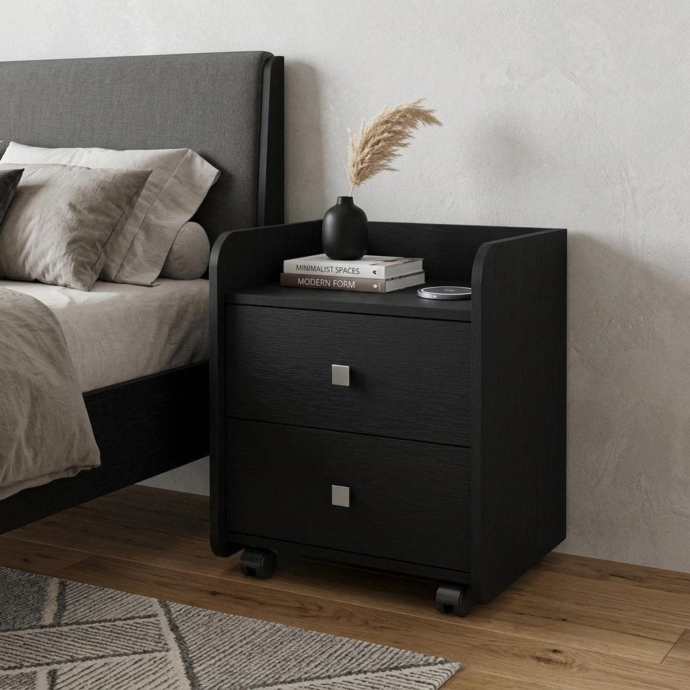 18" Black Wood Two Drawer Nightstand HomeRoots