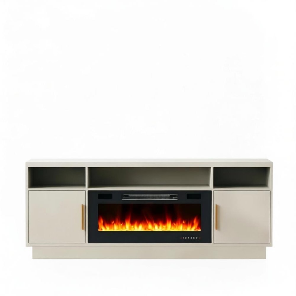 70" Off White Wood TV Stand With Fireplace — view 1
