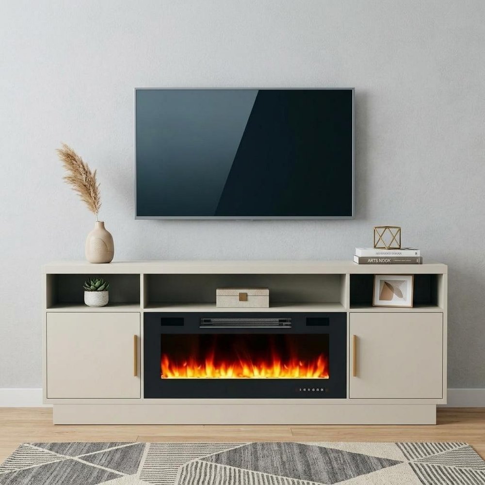 70" Off White Wood TV Stand With Fireplace