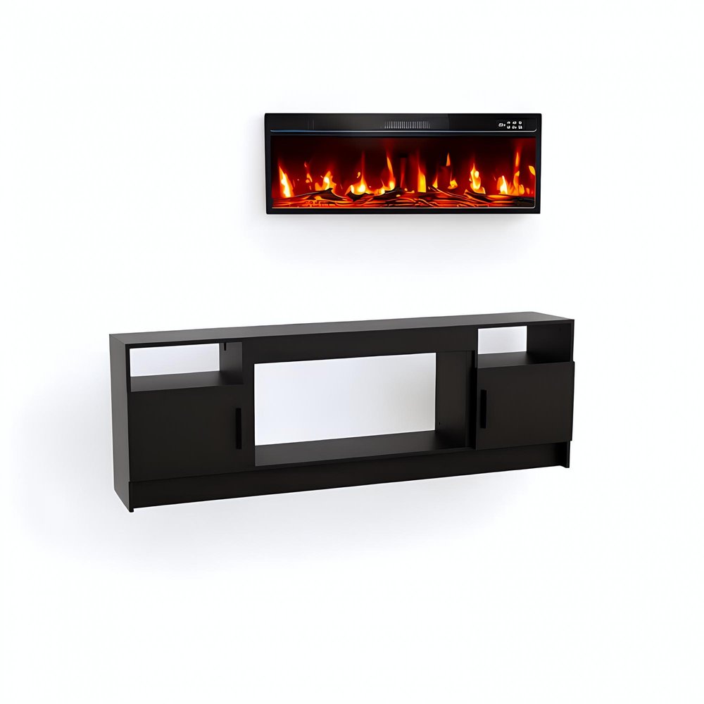70" Black Wood TV Stand With Fireplace
