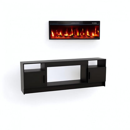 70" Black Wood TV Stand With Fireplace