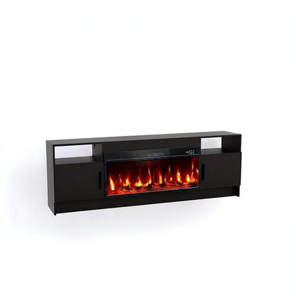 70" Black Wood TV Stand With Fireplace