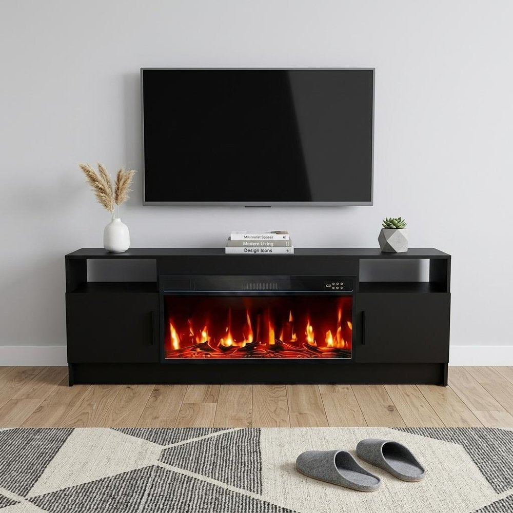 70" Black Wood TV Stand With Fireplace — view 4