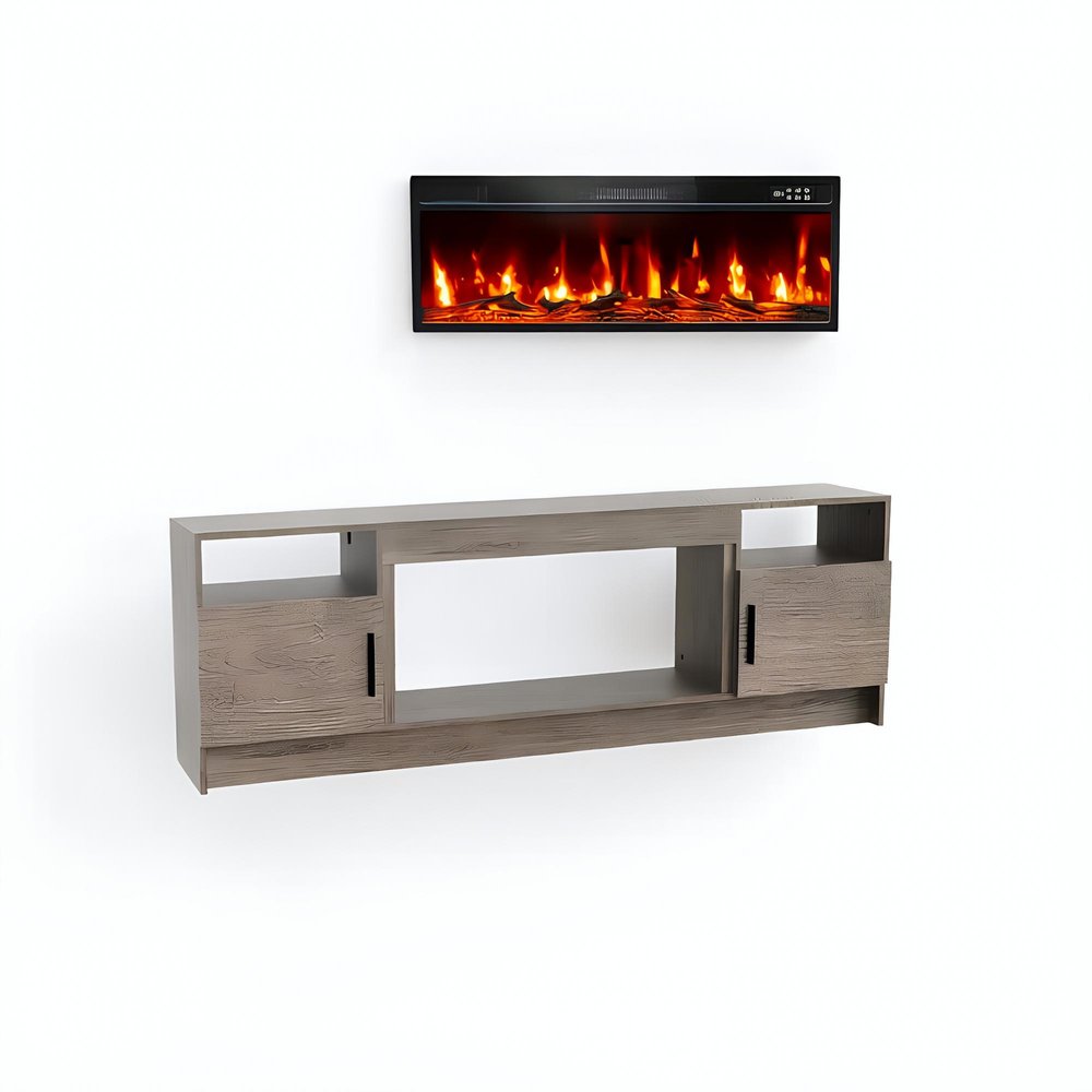 70" Light Gray Wood TV Stand With Fireplace — view 1