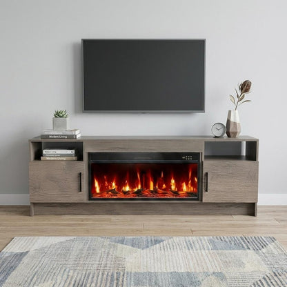 70" Light Gray Wood TV Stand With Fireplace