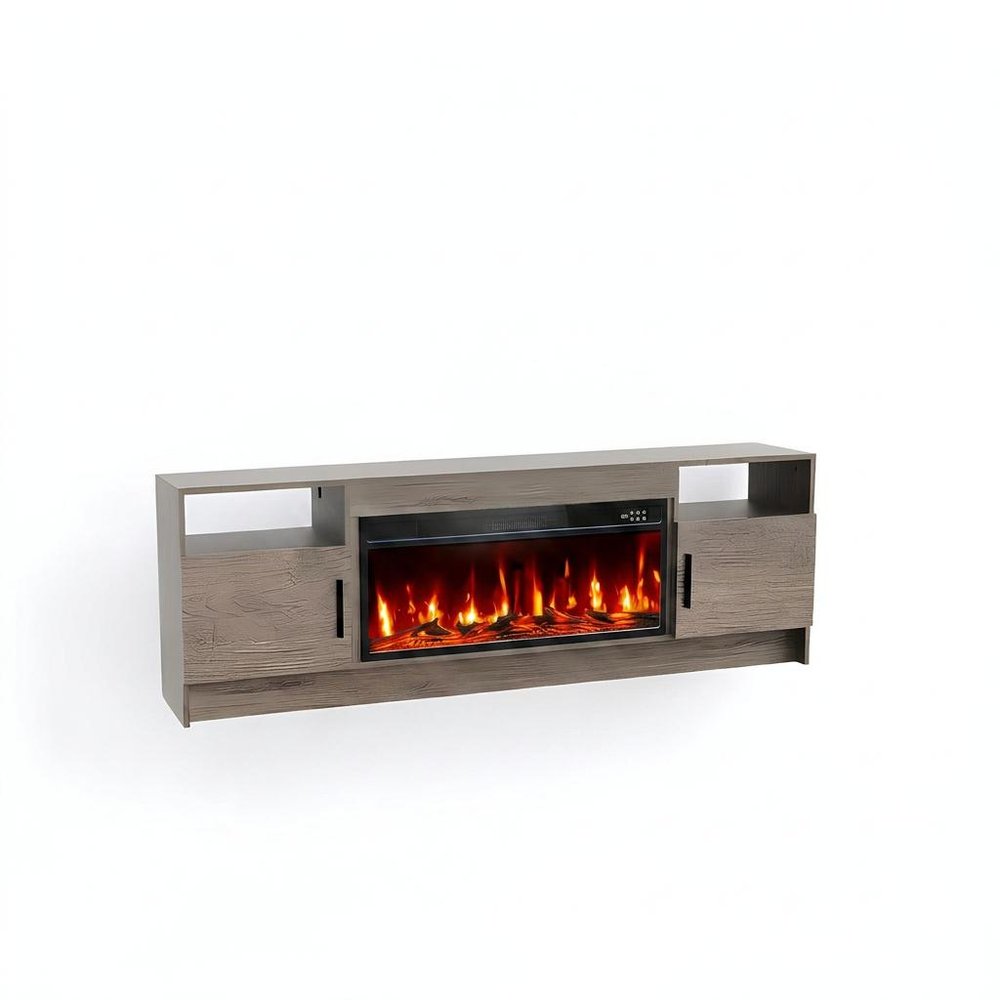 70" Light Gray Wood TV Stand With Fireplace
