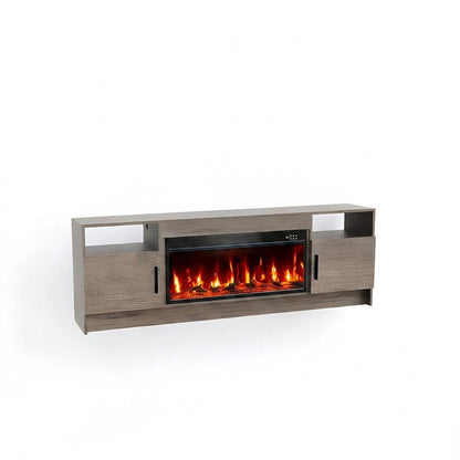 70" Light Gray Wood TV Stand With Fireplace