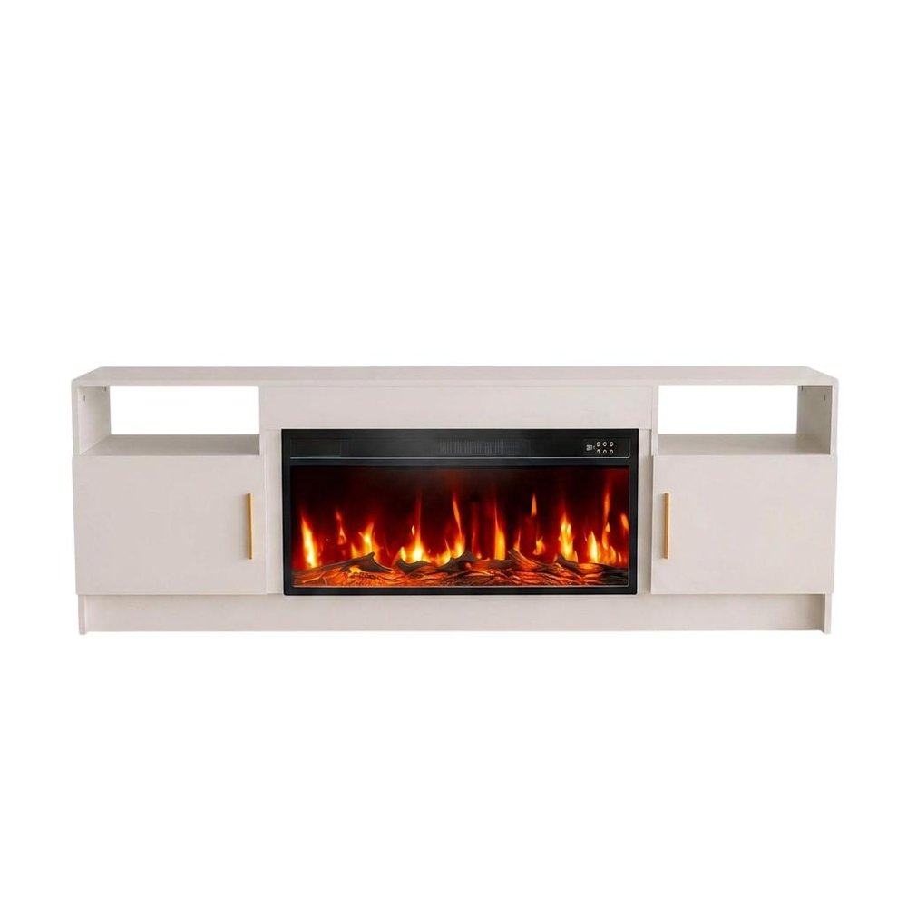 70" White Wood TV Stand With Fireplace
