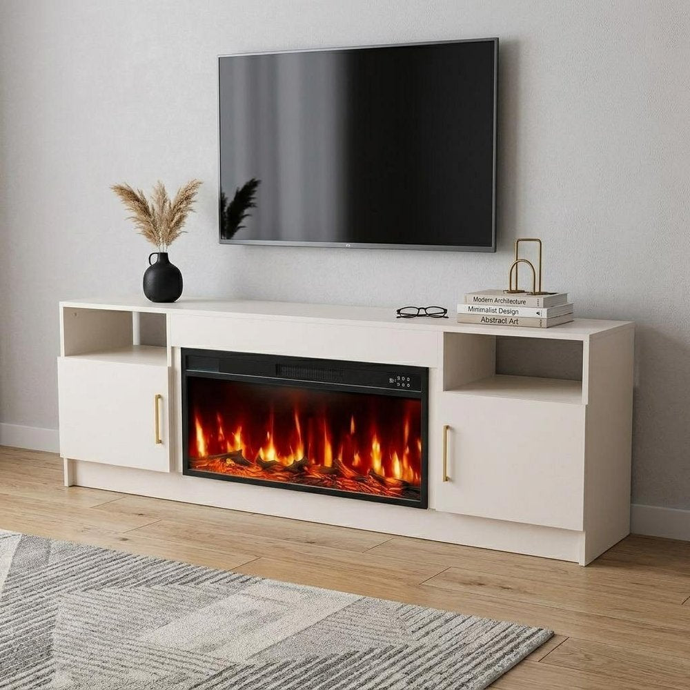 70" White Wood TV Stand With Fireplace