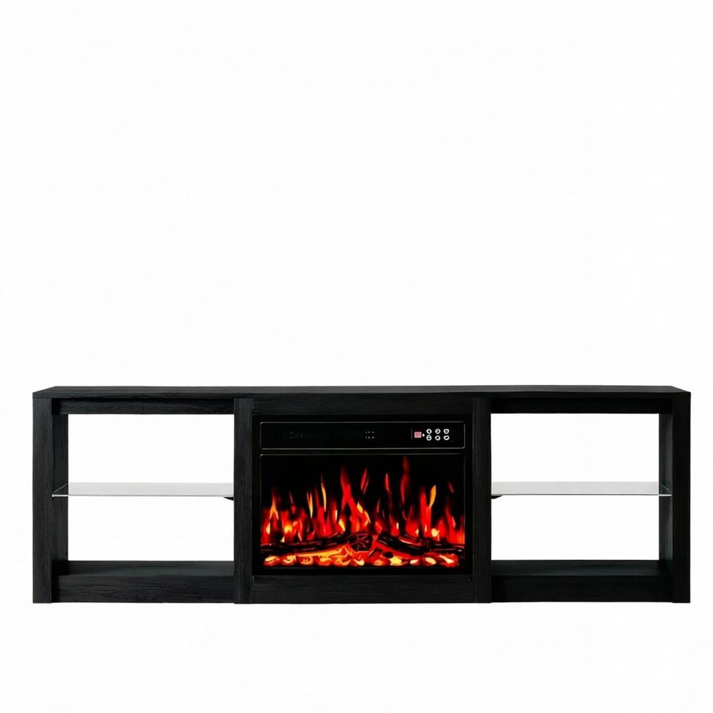 70" Black Wood Fireplace Entertainment Center With Fireplace — view 1