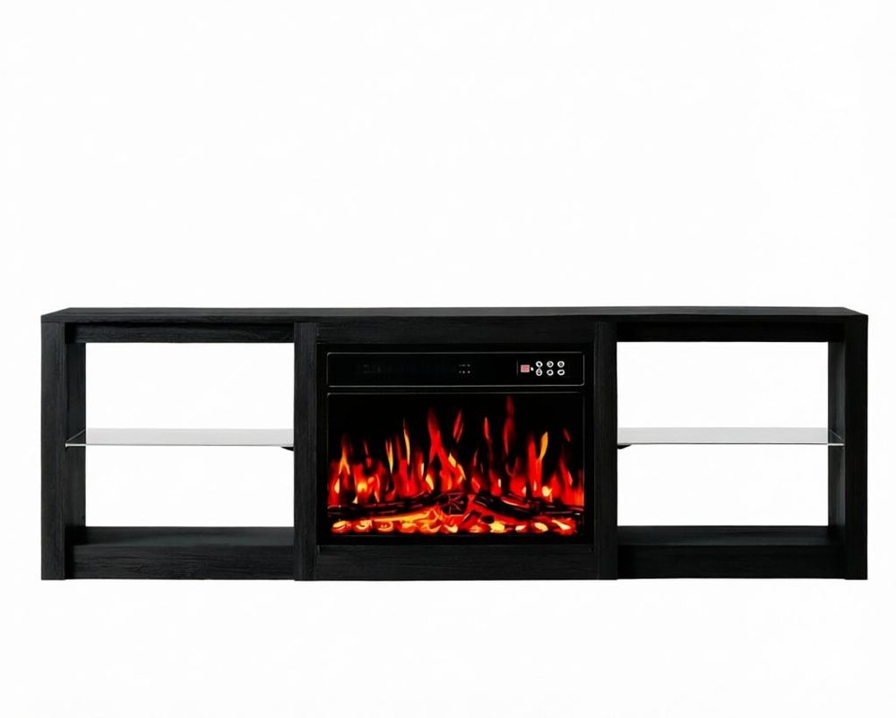 70" Black Wood Fireplace Entertainment Center With Fireplace — view 2