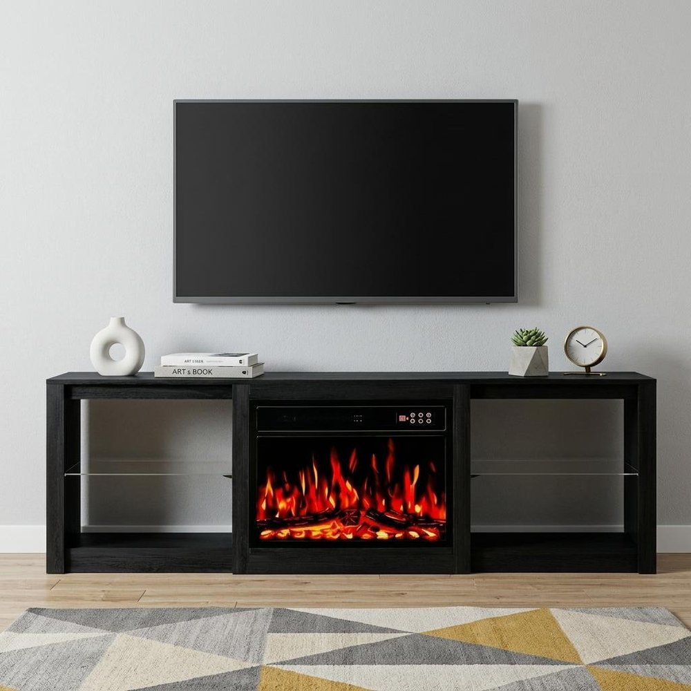 70" Black Wood Fireplace Entertainment Center With Fireplace — view 4