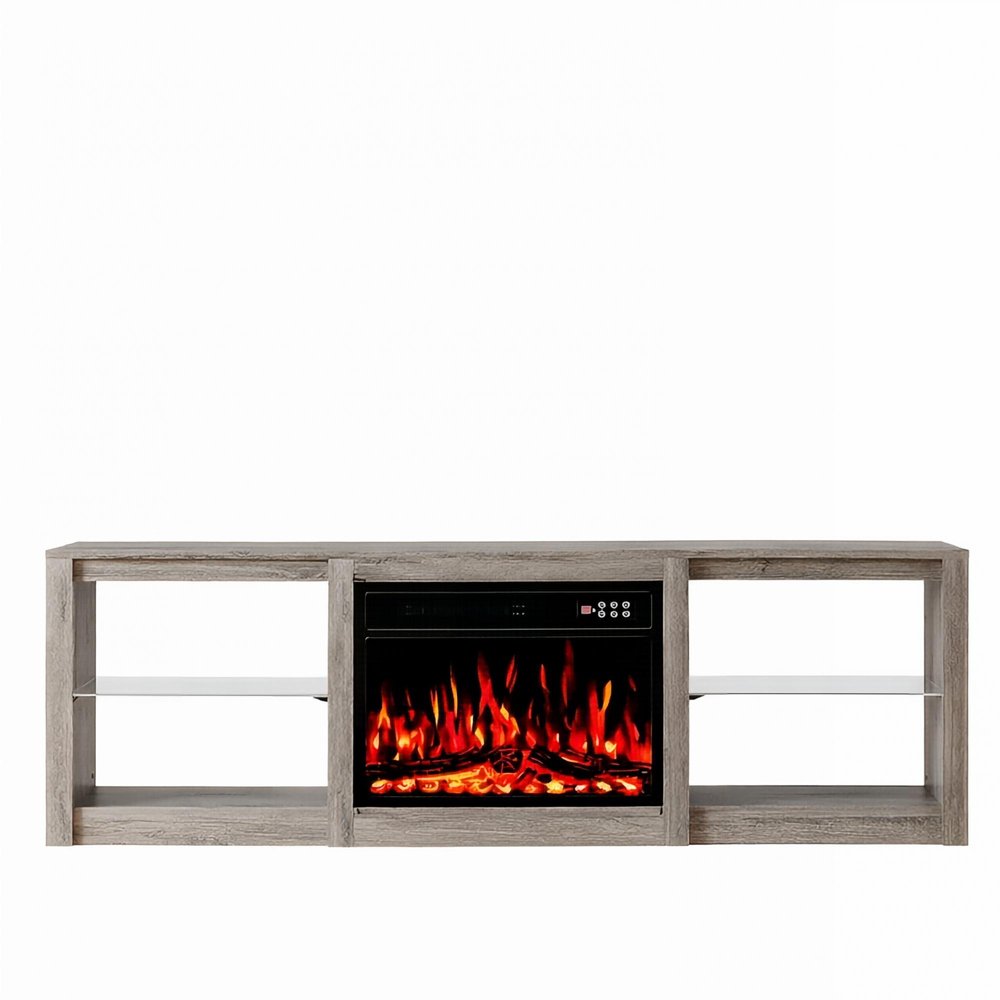 70" Black And Light Gray Wood Fireplace Entertainment Center With Fireplace