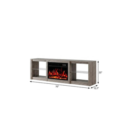 70" Black And Light Gray Wood Fireplace Entertainment Center With Fireplace