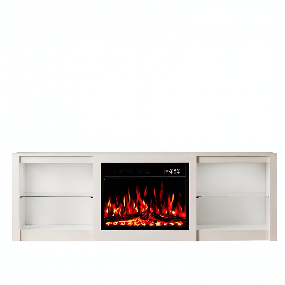 70" Black And White Wood Fireplace Entertainment Center With Fireplace