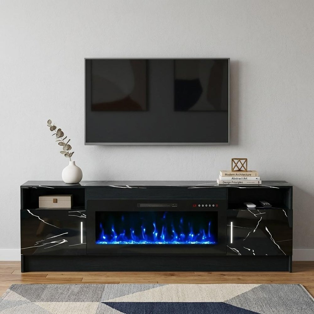 70" Black Wood Fireplace TV Stand With Fireplace — view 4