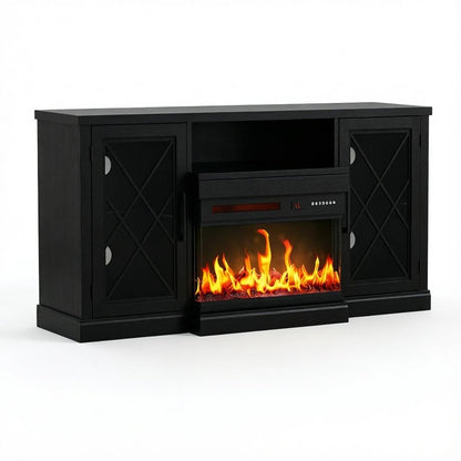 59" Black Wood TV Stand With Fireplace