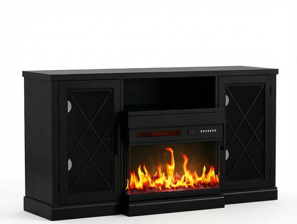 59" Black Wood TV Stand With Fireplace — view 2