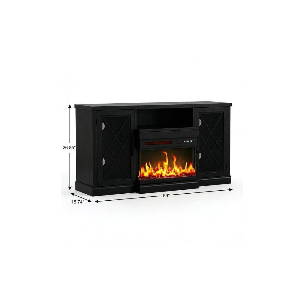 59" Black Wood TV Stand With Fireplace