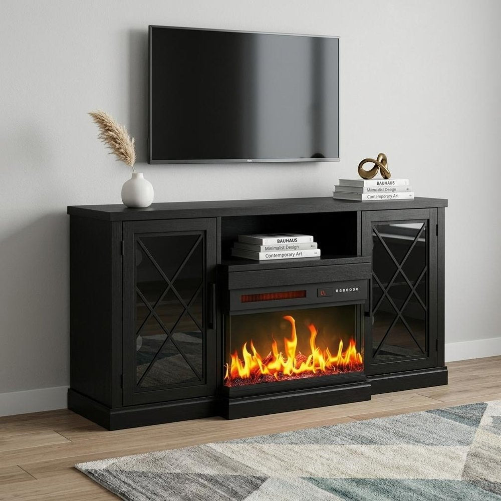 59" Black Wood TV Stand With Fireplace — view 4