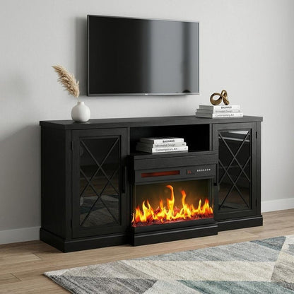 59" Black Wood TV Stand With Fireplace