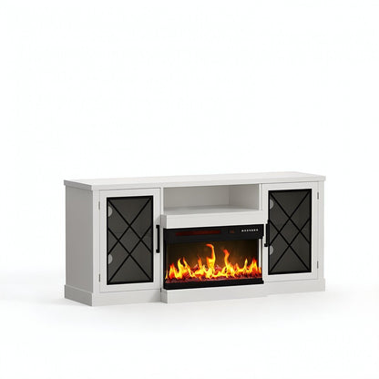 59" White Wood TV Stand With Fireplace