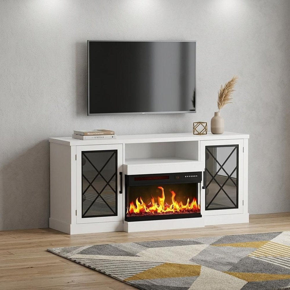 59" White Wood TV Stand With Fireplace