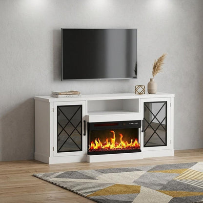 59" White Wood TV Stand With Fireplace
