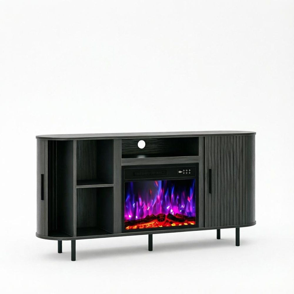 65" Black Ribbed Texture Wood TV Stand With Fireplace