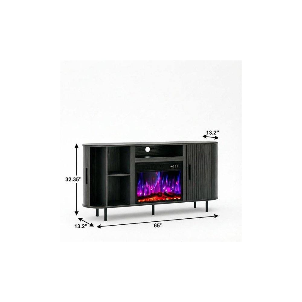 65" Black Ribbed Texture Wood TV Stand With Fireplace — view 2