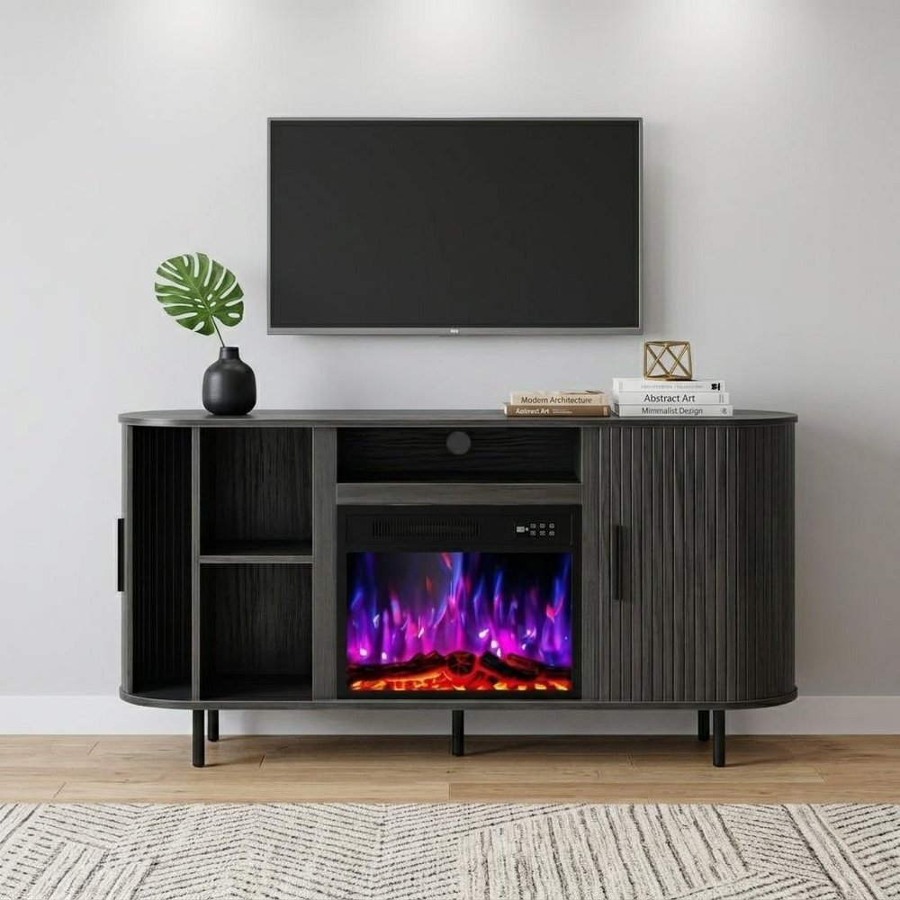 65" Black Ribbed Texture Wood TV Stand With Fireplace — view 3