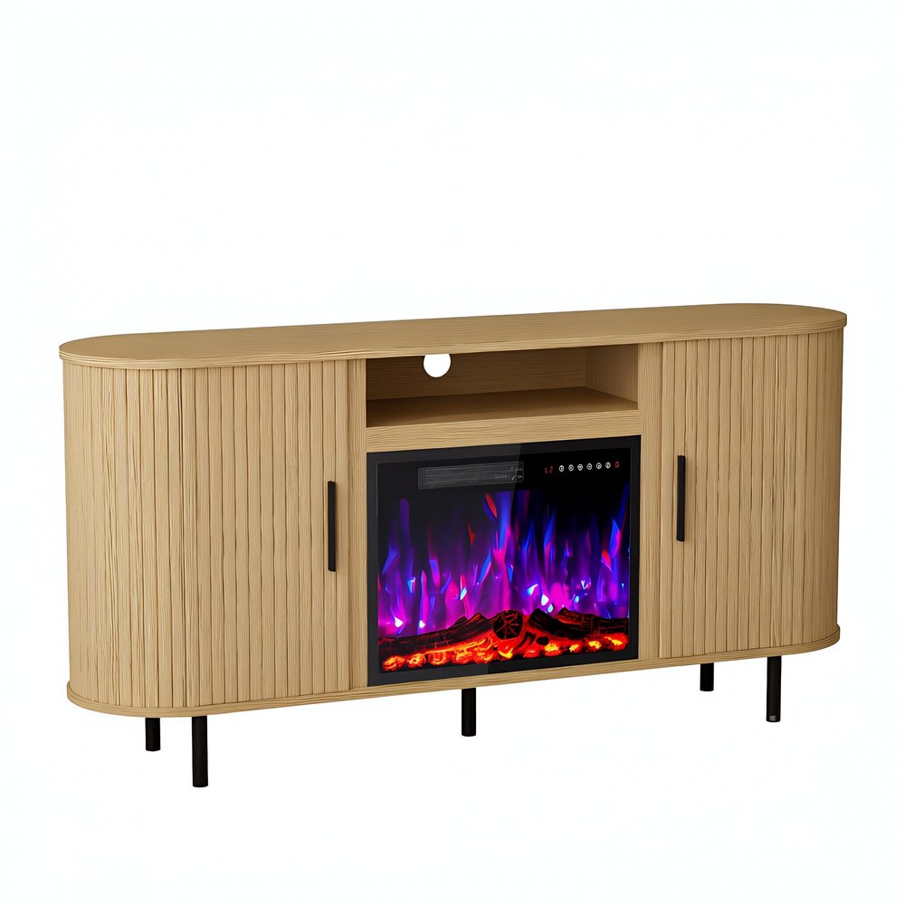65" Beige Wood Fireplace TV Stand With Fireplace — view 1