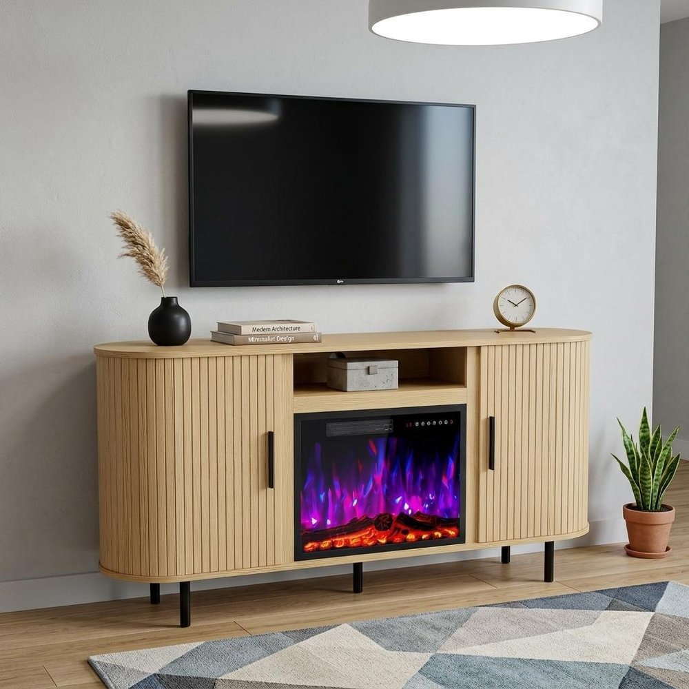 65" Beige Wood Fireplace TV Stand With Fireplace — view 3